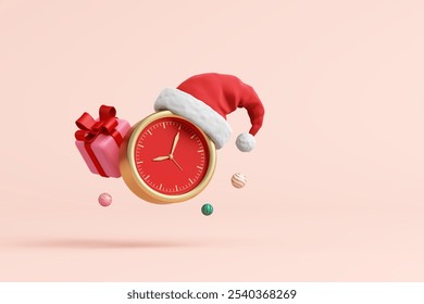 Gold classic analog clock with red santa hat, balls, gift box on pink background. Countdown to new year or merry christmas festival. Christmas ornaments. Object with clipping path. 3D Illustration. - Powered by Shutterstock