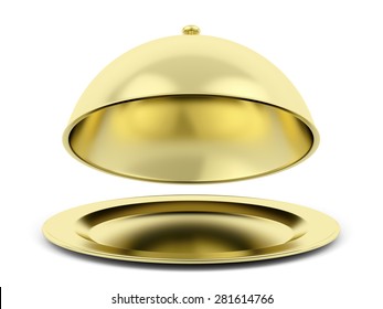 Gold Cloche With Open Lid On White Background