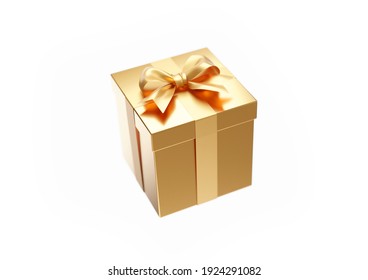 Gold Closed Gift Box With Golden Ribbon Isolated On White Background. 3D Render