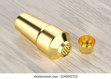 Gold Cocktail Shaker On Wood Background, 3D Illustration