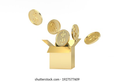 Gold Coin And Box Isolated On White Background, 3D Rendering. 3D Illustration.