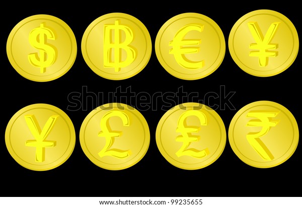 Gold Coin Dollar Baht Euro Yen Stock Illustration 99235655