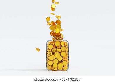 Gold coin falling in glass bottle jar, fill until full, savings growth money concept, bank deposit, 3D rendering. - Powered by Shutterstock