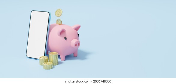 Gold Coin Falling Into Pink Piggy Bank. Phone With Stacks Coins. Mobile Banking And Online Payment Service. Save Dollar In Pig Money Box. Saving Money Wealth And Business Financial Concept. 3d Render.