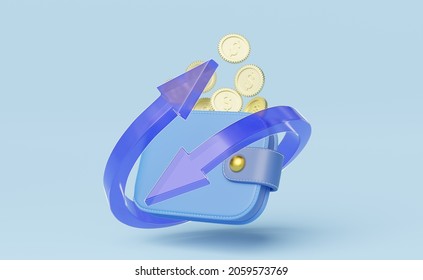 Gold coin falling into wallet floating on blue background. Mobile banking and Online payment service. Transfer arrows icon. Cashback and refund. Saving money wealth and business concept. 3d render.