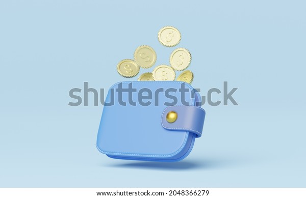 Gold coin falling into wallet floating on blue\
background. mobile banking and Online payment service. Save dollar\
coin in Pig money box. Saving money wealth and business financial\
concept. 3d render.