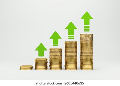 Gold coin stacks increasing in height with green arrows pointing up on a light background. Concept of financial growth, investment, and savings. 3D Rendering