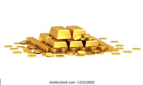 Gold Coins And Gold Bars On A White Background.