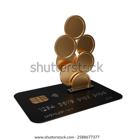 Gold coins bound for a stack in black credit cards isolated on white background, Return money and cash back concept . 3D rendering
