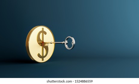 Gold Coins Currency Us Dollar With Padlock Shape And The Key To Unlock On Dark Blue Background. Copy Space. Strategic Concepts In Investment Economy And Financial Business. 3D Illustration.