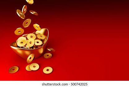 Gold coins dropping on gold sycee ( yuanbao ) on red background, Chinese New Year - 3D Rendering