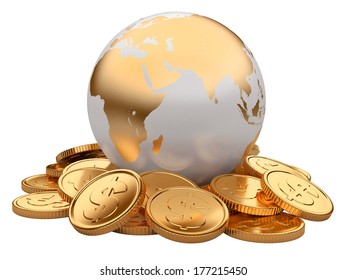 Gold coins and Earth isolated on white background. business concept