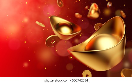 Gold Coins And Gold Sycee ( Yuanbao ) On Red Background, Chinese New Year - 3D Rendering