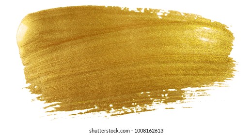 Gold color paint brush stroke. Big golden smear stain background on white backdrop. Abstract detailed gold glittering textured wet paint stroke for Christmas holiday card design template