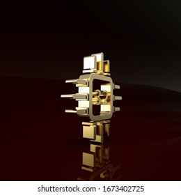 Gold Computer processor with microcircuits CPU icon isolated on brown background. Chip or cpu with circuit board. Micro processor. Minimalism concept. 3d illustration 3D render