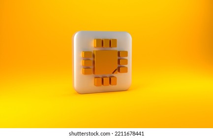 Gold Computer Processor With Microcircuits CPU Icon Isolated On Yellow Background. Chip Or Cpu With Circuit Board. Micro Processor. Silver Square Button. 3D Render Illustration.