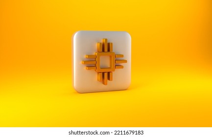 Gold Computer Processor With Microcircuits CPU Icon Isolated On Yellow Background. Chip Or Cpu With Circuit Board. Micro Processor. Silver Square Button. 3D Render Illustration.