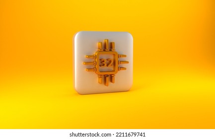 Gold Computer Processor With Microcircuits CPU Icon Isolated On Yellow Background. Chip Or Cpu With Circuit Board. Micro Processor. Silver Square Button. 3D Render Illustration.