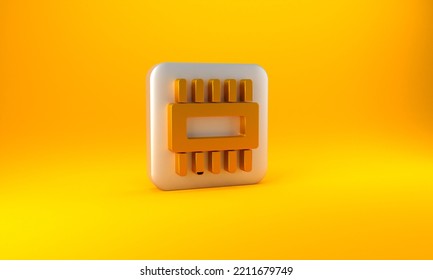 Gold Computer Processor With Microcircuits CPU Icon Isolated On Yellow Background. Chip Or Cpu With Circuit Board. Micro Processor. Silver Square Button. 3D Render Illustration.