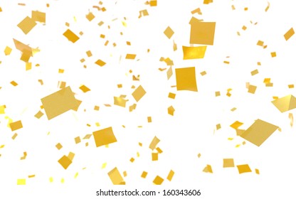 Gold Confetti Falling On A White Background.