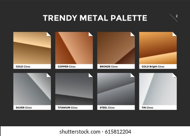 Gold, copper, bronze and silver gradient template. Collection palette of colorful metallic gradient illustrations with gloss for backgrounds, textures. Realistic metallic palettes. Illustration