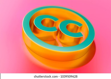 Gold Creative Commons Icon On Candy Style Pink Background With Focus. 3D Illustration Of Creative Commons, Logo, License, Square Icons For Presentation.