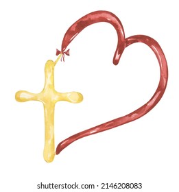 Gold Cross Clipart, Watercolor Christian Yellow Cross With Red Heart,  Baptism Cross Clip Art, Wedding Invites, Holy Spirit, Religious Illustration 