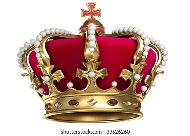 Gold Crown With Jewels And Red Velvet, Isolated A White Background.