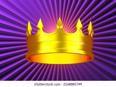 Gold Crown. King Headdress Made Of Precious Metal. Shiny Crown On Purple Background. Symbol Of Royalty. Crown As Metaphor For Heir To Throne. Prince Symbol Of Power. 3d Rendering.