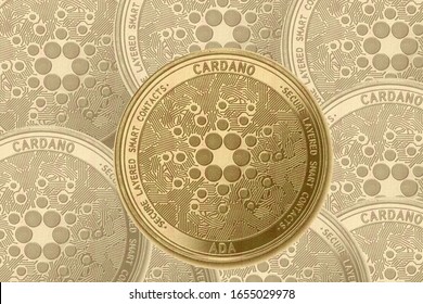 Gold Crypto Coin Cardano (ada) Sign, Against The Background Of Cardano Tanned Coins.