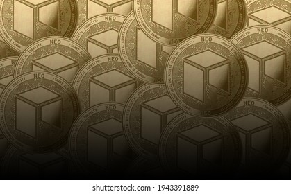 Gold Crypto Coin Neo Sign, Against The Background Of Neo Tanned Coins.