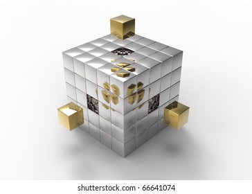 Gold cubes filling the gaps in a stack of silver blocks to make a large cube