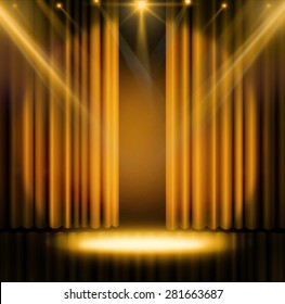 Gold Curtains On Theater Or Cinema Stage