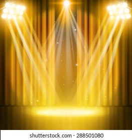 Gold Curtains On Theater With Spotlight.