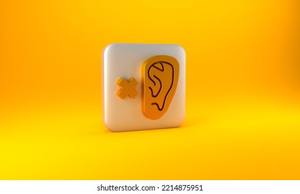 Gold Deafness Icon Isolated On Yellow Background. Deaf Symbol. Hearing Impairment. Silver Square Button. 3D Render Illustration.