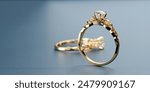 Gold diamond ring soft focus with blue background, 3d rendering.

