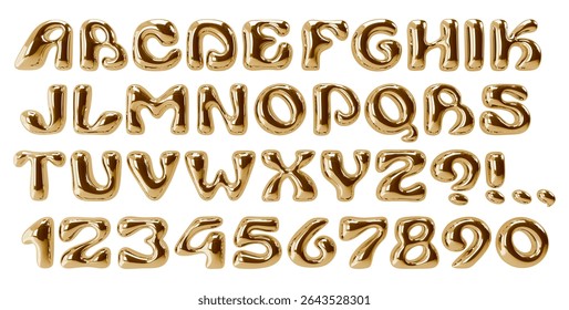 Gold display font. Typeface with bubble balloon effect. Y2K playful alphabet. Golden wavy groovy letters. Bold metal typescript. Rounded font with reflections