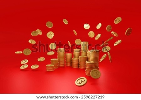 Gold dollar coins falling down or many of gold coins drop on red background, growth business concept, 3D rendering.