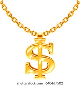 Gold Dollar Symbol On Golden Chain Hip Hop Rap Style Necklace. American Money And Financial Luxury Illustration