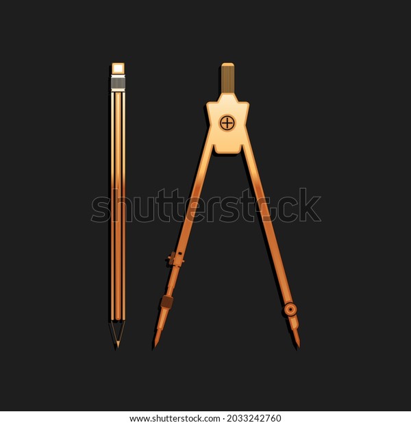 Gold Drawing compass\
and pencil icon isolated on black background. Education sign.\
Drawing and educational tools. Geometric equipment. School office.\
Long shadow style.\
.