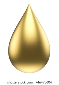 Gold Drop Isolated On White Background. Golden Droplet Side View. 3D Illustration.