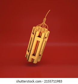 Gold dynamite sticks a large bunch floating on a red background, 3d render