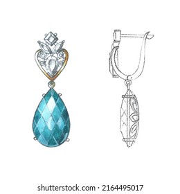 Gold Earrings With A Large Blue Gem - Aquamarine. Jewelry. Watercolor Illustration Isolated On White Background, Sketch, Pencil Drawing