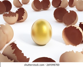 Gold Egg At The Center Of Cracked Regular Ones Isolated On White Background