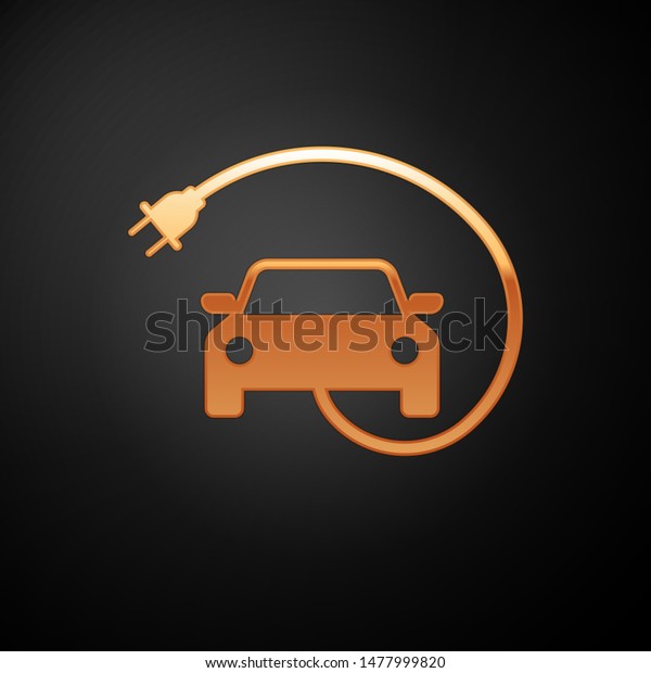 Gold\
Electric car and electrical cable plug charging icon isolated on\
black background. Renewable eco\
technologies