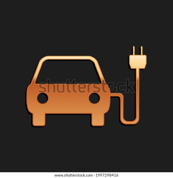 Gold Electric car and\
electrical cable plug charging icon isolated on black background.\
Electric car charging sign. Renewable eco technologies. Long shadow\
style.