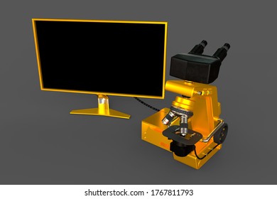 gold electronic microscope, system block and empty display isolated, photorealistic medical 3d illustration with fictional design, medicine research concept