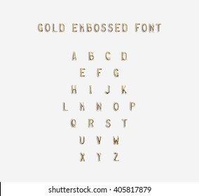 Gold embossed alphabet isolated, 3d illustration. Golden typing font design. Beveled symbols embossing on plastic card. Hammering chamfer type bar letters text. Grunge metallic lettering emboss fount