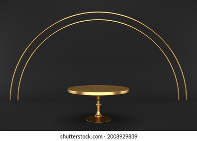 Gold Empty Cake Stand On A Black Background. 3d Rendering. Festive Background.