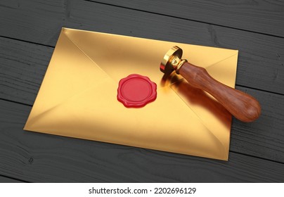 Gold Envelope With Red Seal And Stamp On Black Wooden Background, 3d Render